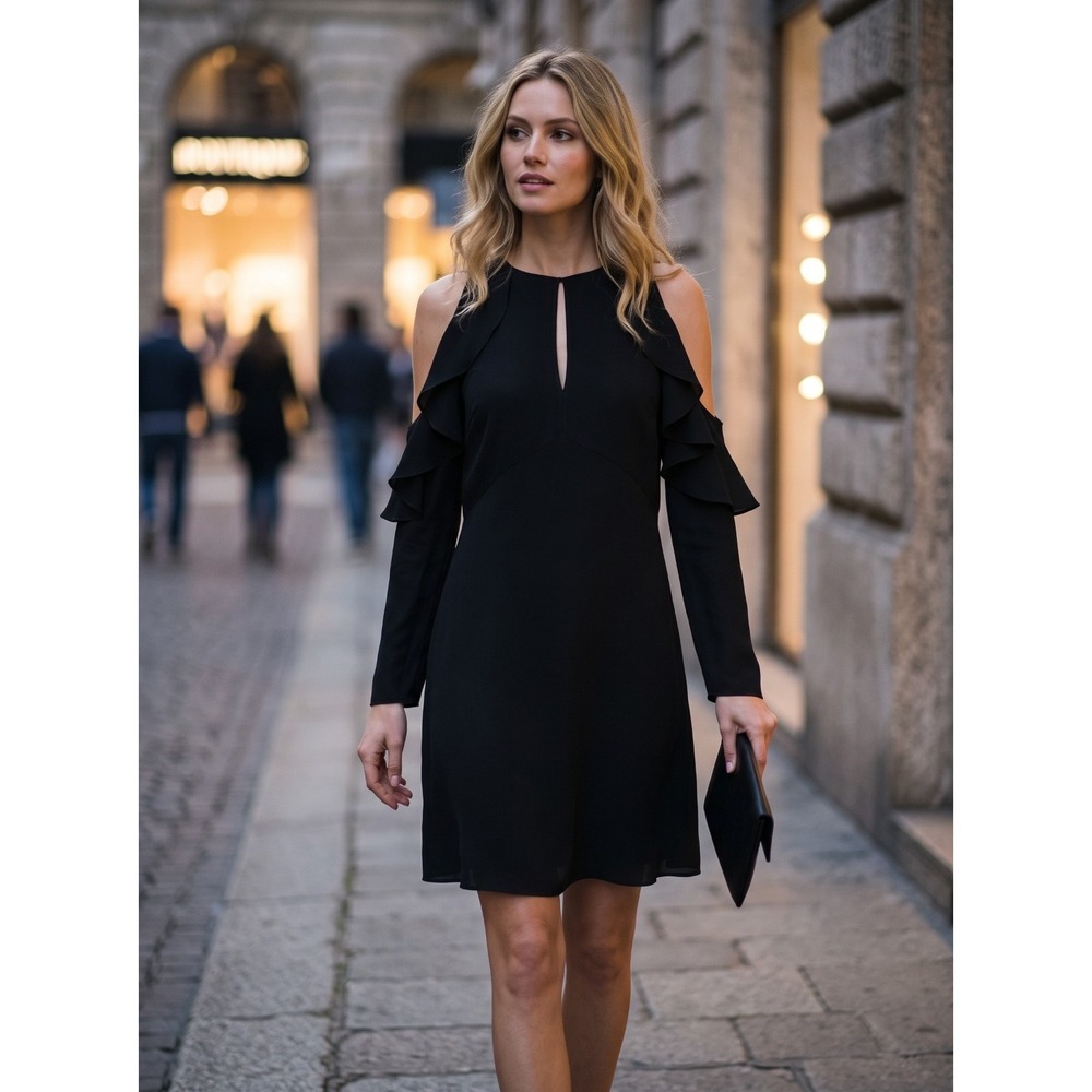 Theory Sophronia Cold Shoulder Ruffle 100% Silk Dress Black Size 00 0 2 $445